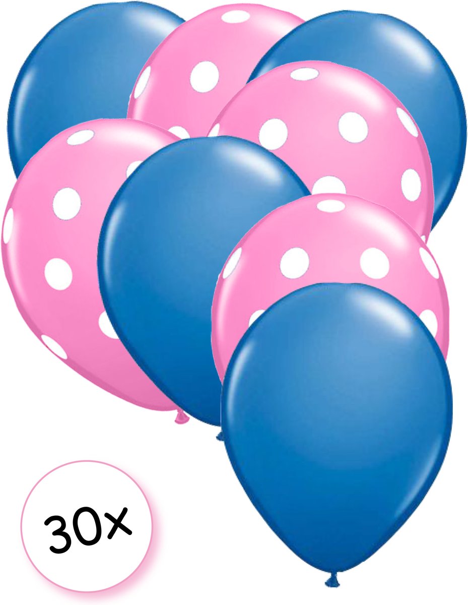 Ballonnen Blauw & Dots Roze-Wit 30 stuks 27 cm